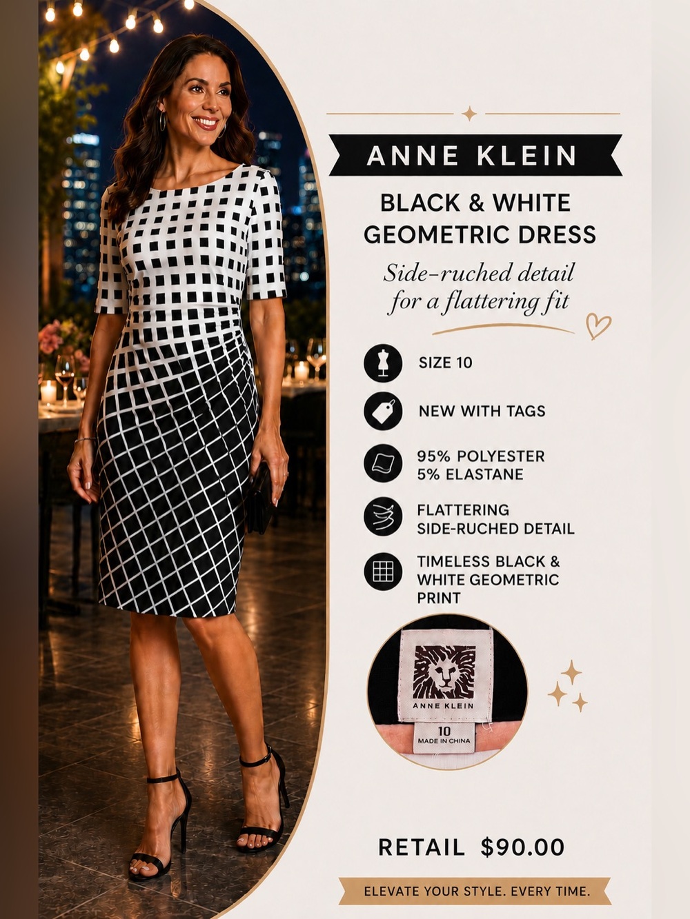 NEW WITH TAGS—Anne Klein Black and White Geometric Dress Size 10